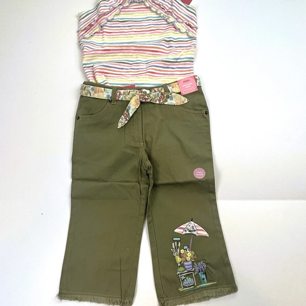 NWT Gymboree Girl Olive Green Capri Pant & Multi Stripe Tank Size 6